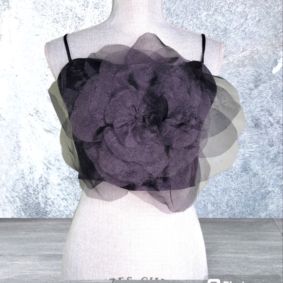 Rachel Zoe Black Oversized Flower Organza Crop Top Adj Straps Dress Event Med - Picture 1 of 13